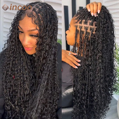 Boho Box Braided Wigs Curly Hair Synthetic Full Lace Front Wigs for Black Women Goddess Locs Braid Wig Bohemian Box Braid Wig