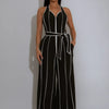 HLJ Elegant Stripe Patchwork Jumpsuits Women Halter Sleeveless Bow Belted Wide Legs Rompers Female Night Clubwear Overalls New