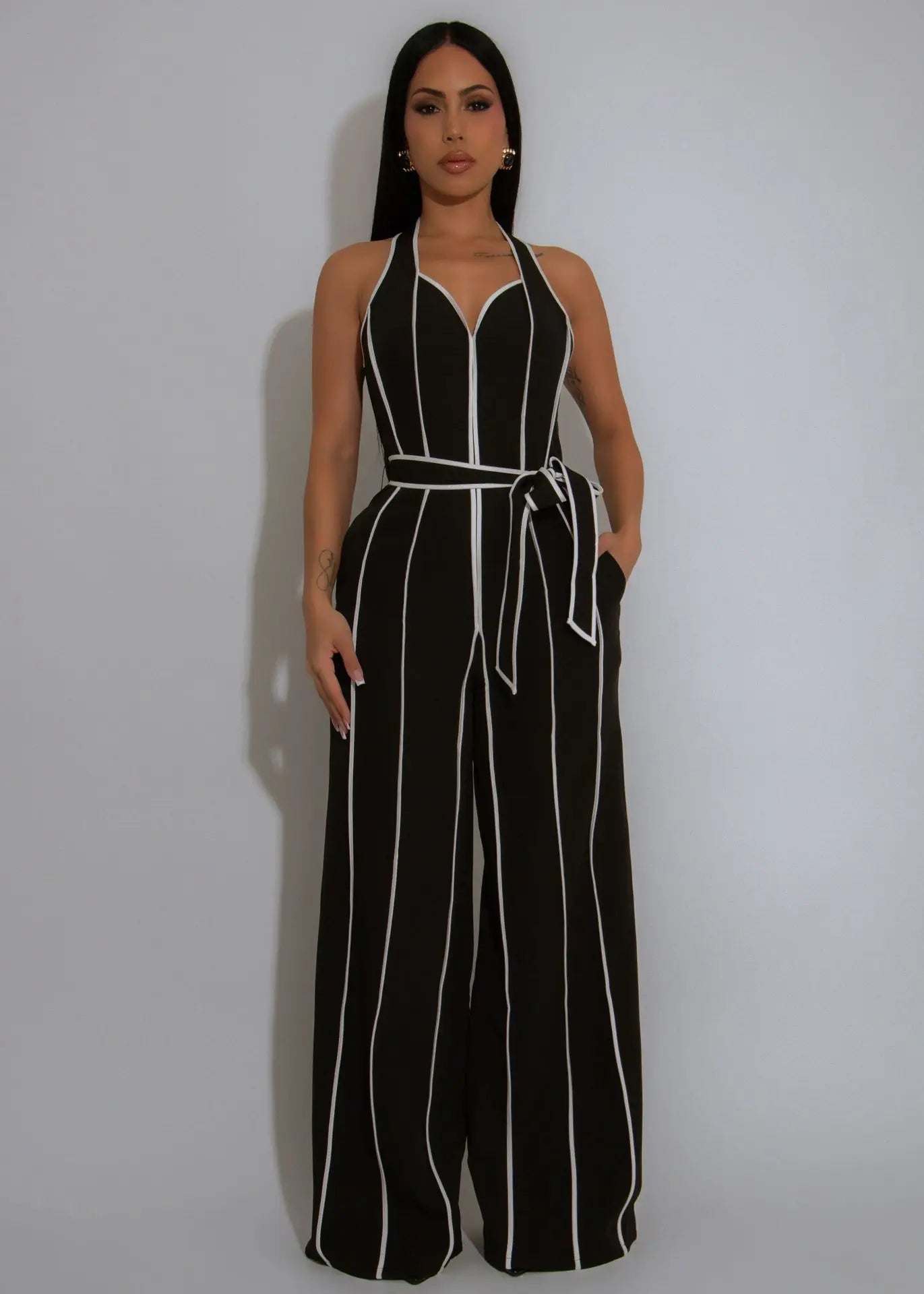 HLJ Elegant Stripe Patchwork Jumpsuits Women Halter Sleeveless Bow Belted Wide Legs Rompers Female Night Clubwear Overalls New