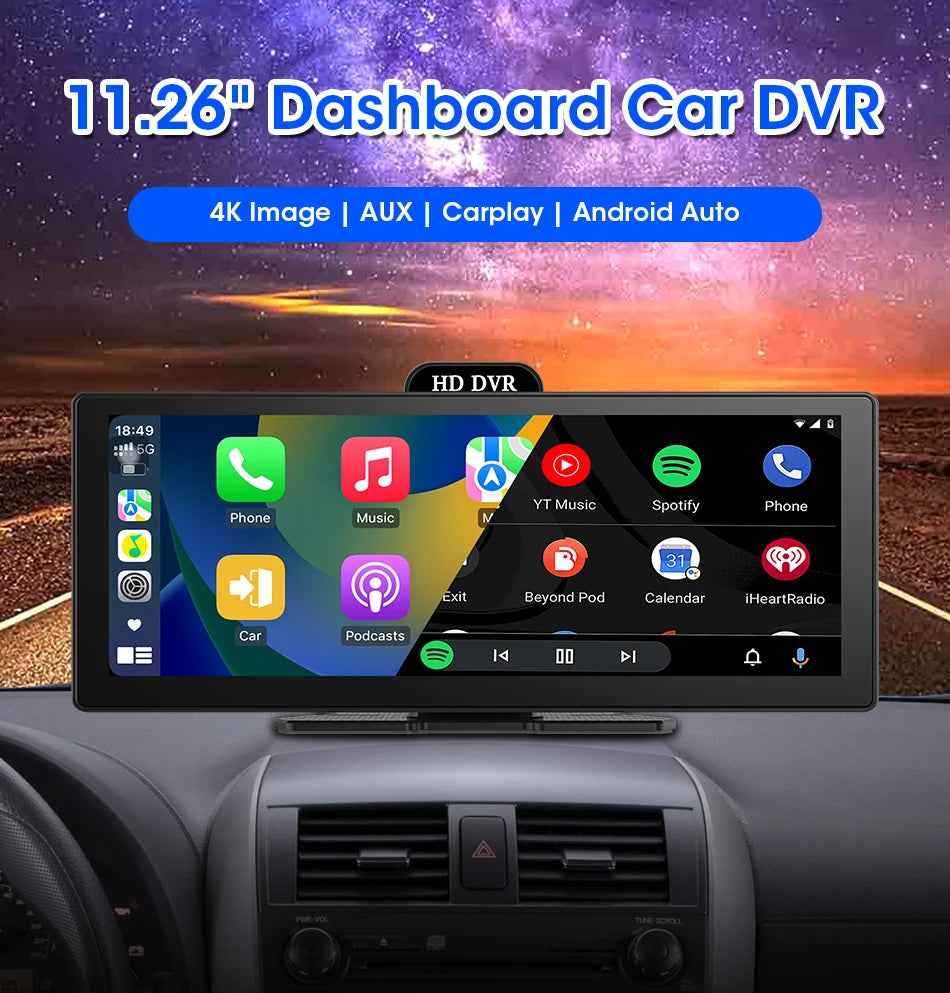 11.26 Inch 4K DVR Wireless CarPlay & Android Auto Dash Cam Bluetooth Audio GPS Navigation Dashboard Dual Lens Video Recorder