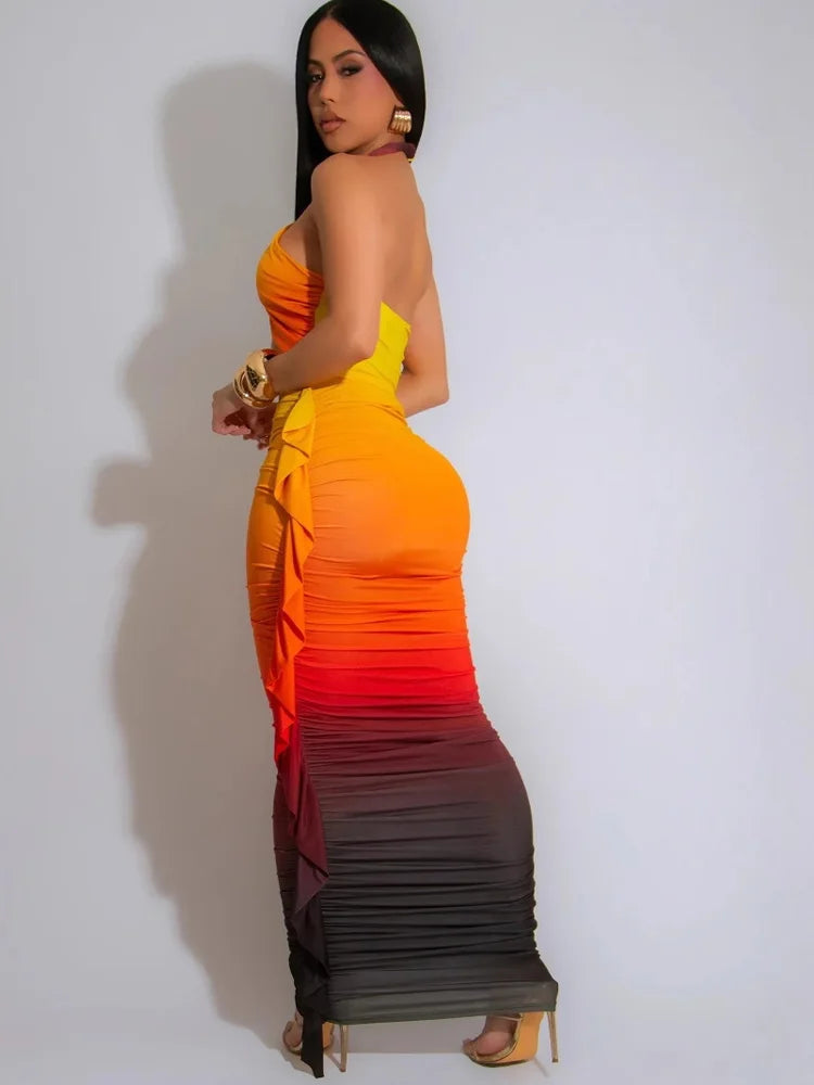 Beyprern Tropical Goddess Halter Neck Crop Top And Maxi Skirt Set Summer Women's Tie Dye Ruched Two-Piece Dress Night Clubwear