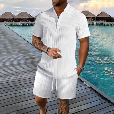 New style summer men's striped casual shirt comfortable loose stand collar short sleeve shorts beach suit fashion trend pullover