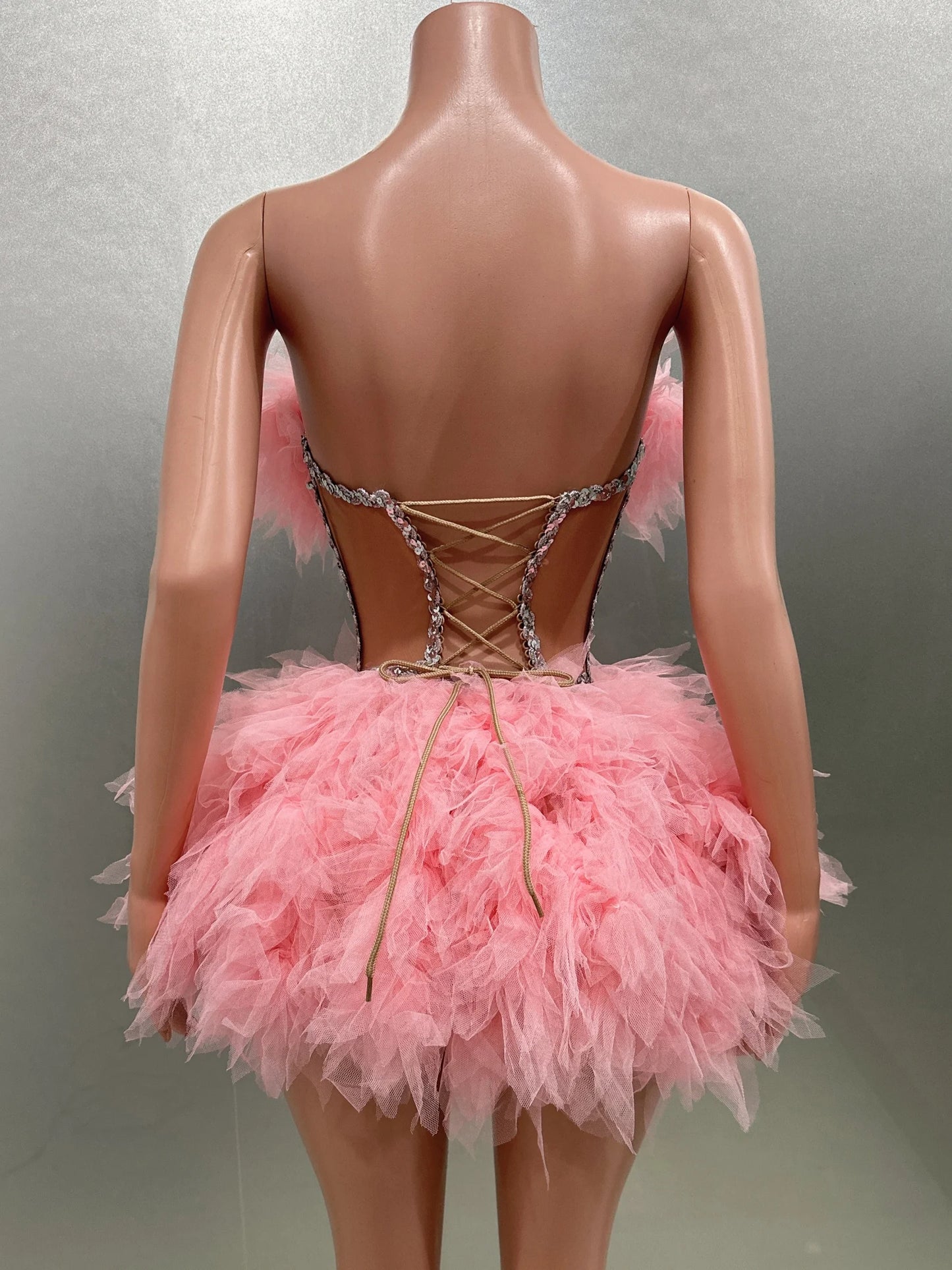 Hot Sale Women Sexy Mesh Ruffles Ball Gown Mini 2 Pieces Dress Lace-up Crystal Birthday Party Celebrate Nightclub Wear
