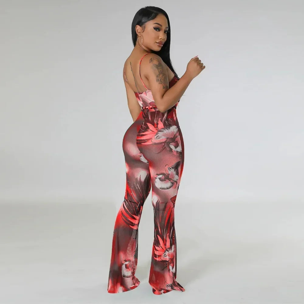 Floral Printed Jumpsuits Summer Outfits for Women 2024 Clubwear Spaghetti Strap Skinny One Pieces Romper Summer Beach Wear