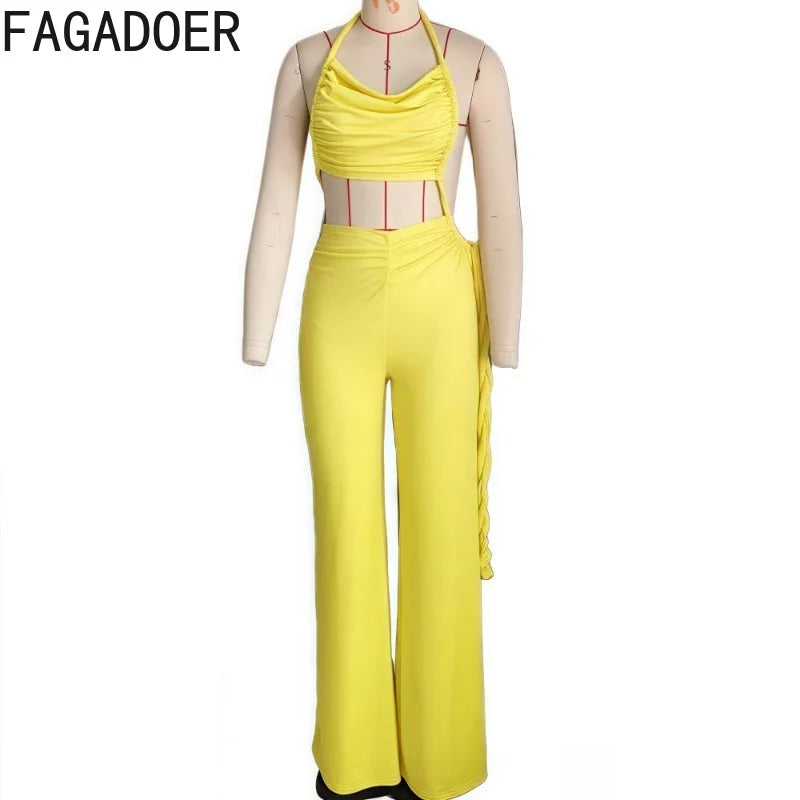 FAGADOER Sexy Ruched Patchwork Bodycon Jumpsuits for Woman Halter Sleeveless Wide-leg Romper Female Streetwear Overalls 2025 New