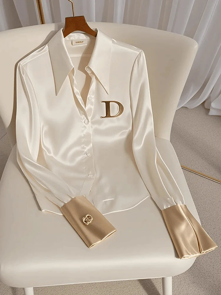 Elegant French Women's White Satin Shirt Turn-down Collar Long Sleeve Blouse Autumn/Winter for Women Casual Simple Office Lady