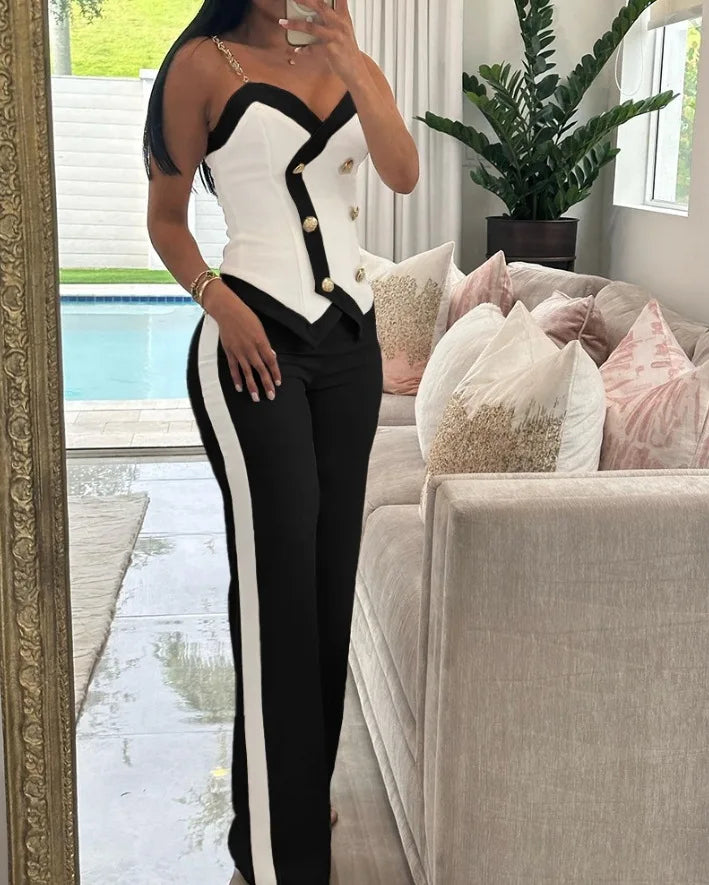 2 Piece Sets Women Outfit Sexy One Shoulder Ruched Top & Casual Straight Leg Pants Suits for Female Spring 2024 Fashion New