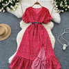 Summer Pleated Women Buttons Dresses Casual Beach Holiday Short Sleeve V Neck Woman Midi Dress Bohemian Mujer Vestidos