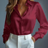 Women's Satin Shirts Elegant Plain Long Sleeve Blouse Office Lady Button-Up Shirt Top Female Crew Neck Shirts Blouse 2025 Autumn