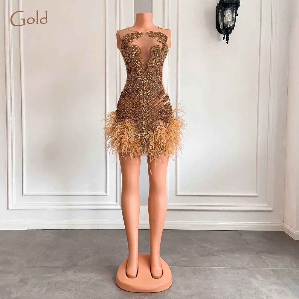 Stunning Sparkly Luxury Diamond Women Birthday Party Cocktail Gowns Sexy Sheer Pink Feather Mini Short Prom Dresses 2025