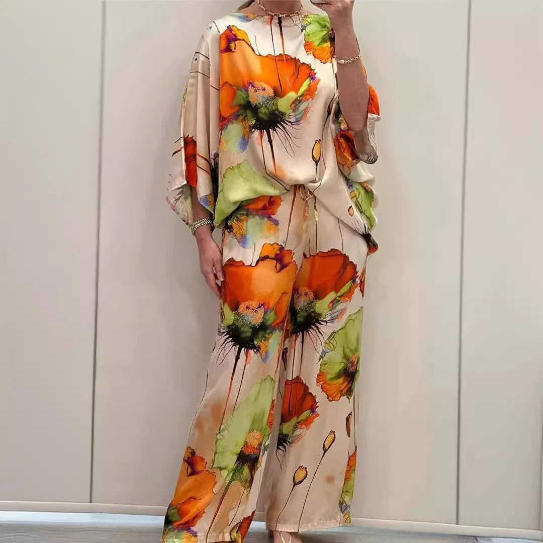 Casual Sets for Women 2 pieces Summer Fashion Printed Satin Two Piece Sets Women Sexy Round Neck Top+Wide Leg Long Pants Outfits