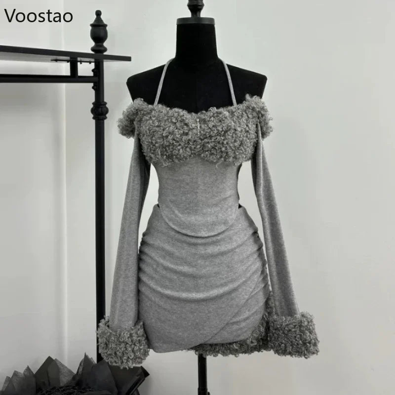 Sweet Sexy Irregular 2 Piece Set Women Chic Plush Patchwork Slim Tops Mini Skirt Suit Korean Y2k Aesthetic Lolita Style Outifits