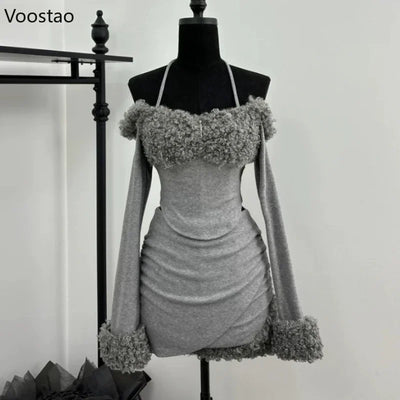 Sweet Sexy Irregular 2 Piece Set Women Chic Plush Patchwork Slim Tops Mini Skirt Suit Korean Y2k Aesthetic Lolita Style Outifits