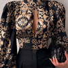 Spring Women Sexy Backless Hollow Print Shirts Tops 2024 Casual Stand Long Sleeve Office Lady Blouses Fashion Party Crop Top