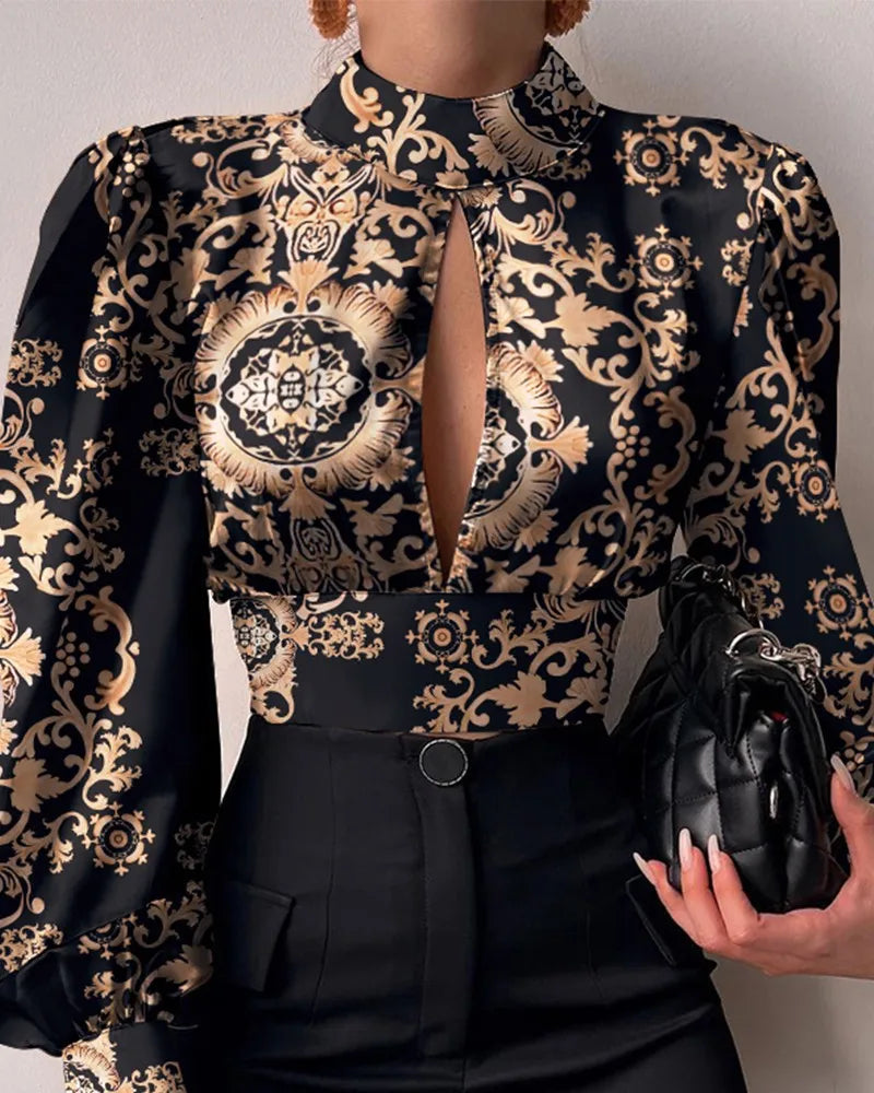Spring Women Sexy Backless Hollow Print Shirts Tops 2024 Casual Stand Long Sleeve Office Lady Blouses Fashion Party Crop Top