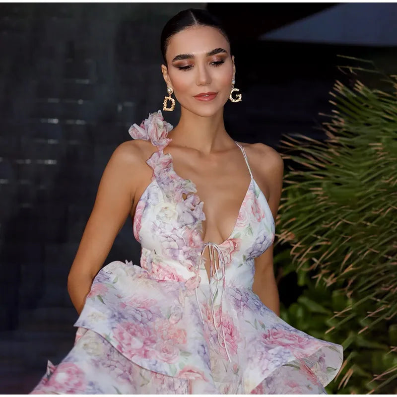 Women Tie-dye 3d Flower Deep V Neck Flare Sleeve Mini Dresses Fashion Slim Printed Multiple Pleat Vestidos New Lady Holiday Wear