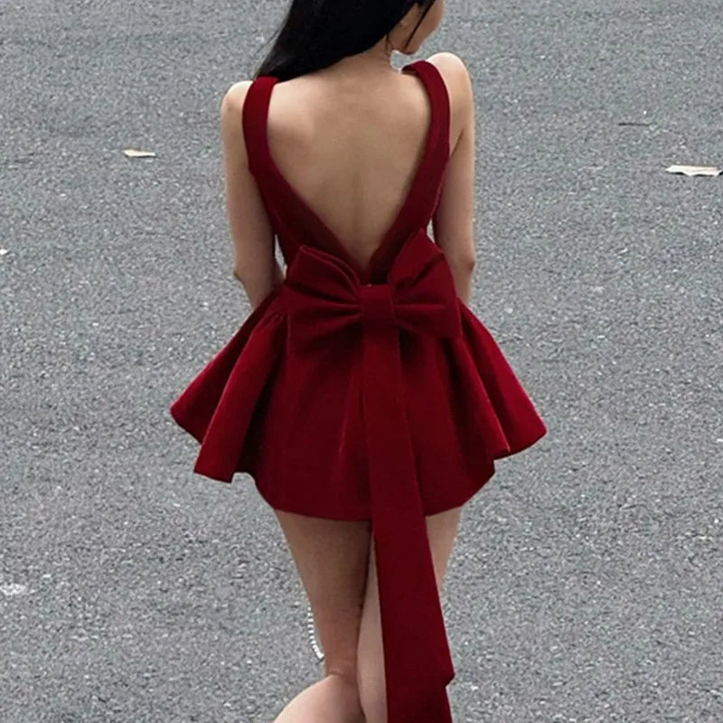 Tuularose Red Bow Dress Women's Sexy Backless Slim Tank Top A Line Dress Sleeveless Spaghetti Straps Luxury Party Evening Dress