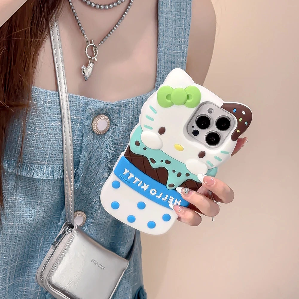 Cute 3D Ice Cream Sanrios Hello Kitty Phone Case for IPhone 15 14 13 12 11 Pro Max Drop-resistant Soft Silicone Back Cover Gift