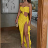 Hugcitar Fashion 2 Pcs Sets Strapless Tie Flower Draped Sexy Crop Tank Top Slit Tassel Maxi Skirt Women Outfit Festival Party