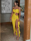 Hugcitar Fashion 2 Pcs Sets Strapless Tie Flower Draped Sexy Crop Tank Top Slit Tassel Maxi Skirt Women Outfit Festival Party