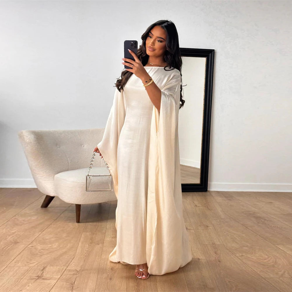Batwing Butterfly Sleeve Satin Khimar Abaya Dubai Muslim Maxi Dress Kaftan Abayas For Women Kebaya Caftan Robe Femme Vestidos