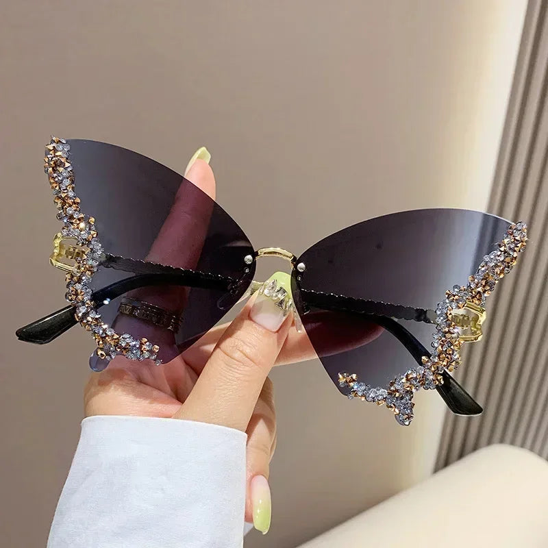 Rimless Sunglasses Women Luxury Brand Rhinestone Sun Glasses Ladies Cute Heart Shape Punk Party Eyewear очки від сонця женские
