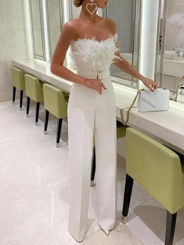 Women Sexy Jumpsuit Breast Wrap Spring Summer Fashion Female Elegant White Empire Casual Straight Long Jumpsuits