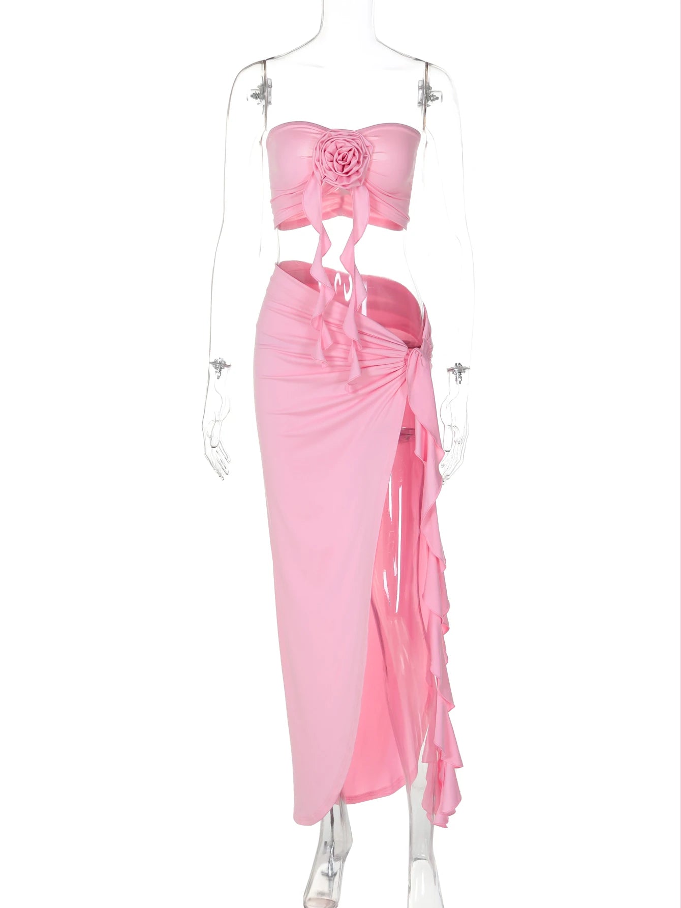 Hugcitar Fashion 2 Pcs Sets Strapless Tie Flower Draped Sexy Crop Tank Top Slit Tassel Maxi Skirt Women Outfit Festival Party