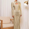 Mozision Hollow Out Long Sleeve Sexy Maxi Dress For Women Gown Autumn Winter New Metal Buckle Ruched Slit Long Dress Elegant