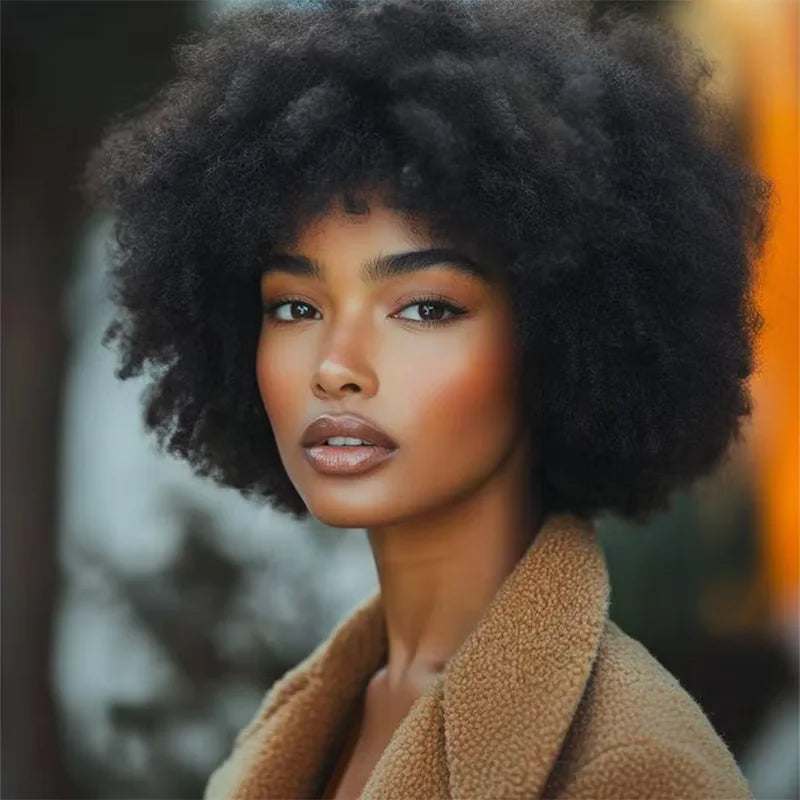 Afro Fluffy Curly Human Hair Wigs 70S Jerry Curl Wig One Wig Two Stlyes Glueless Wig Puffy Bouncy Wig Bouncy Wet and Dry Styling