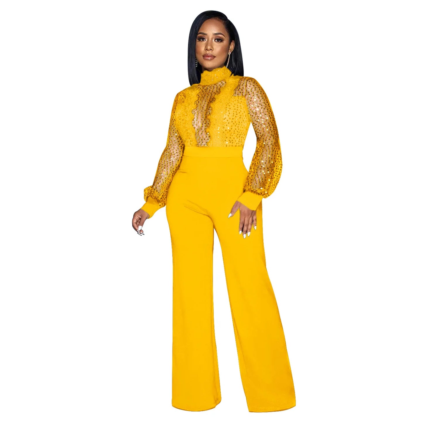 Fashion Women's Clothing Hollow Long-sleeved Loose Wide Leg Jumpsuits Overall Pants Solid Color Sexy Lace