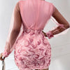 Women Fashion Dress Fashion Floral Pattern Sheer Mesh Patch Long Sleeve V-Neck Elegant Party Dress