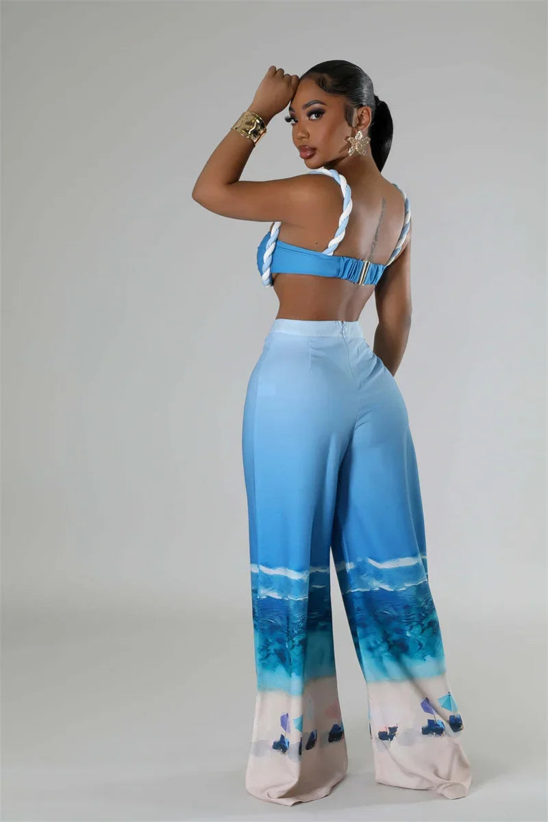 Sexy Nightclub Outfits for Women 2 Piece Set Birthday Vacation Bra Crop Top and Print Wide Leg Pants Matching Sets Beach Wear