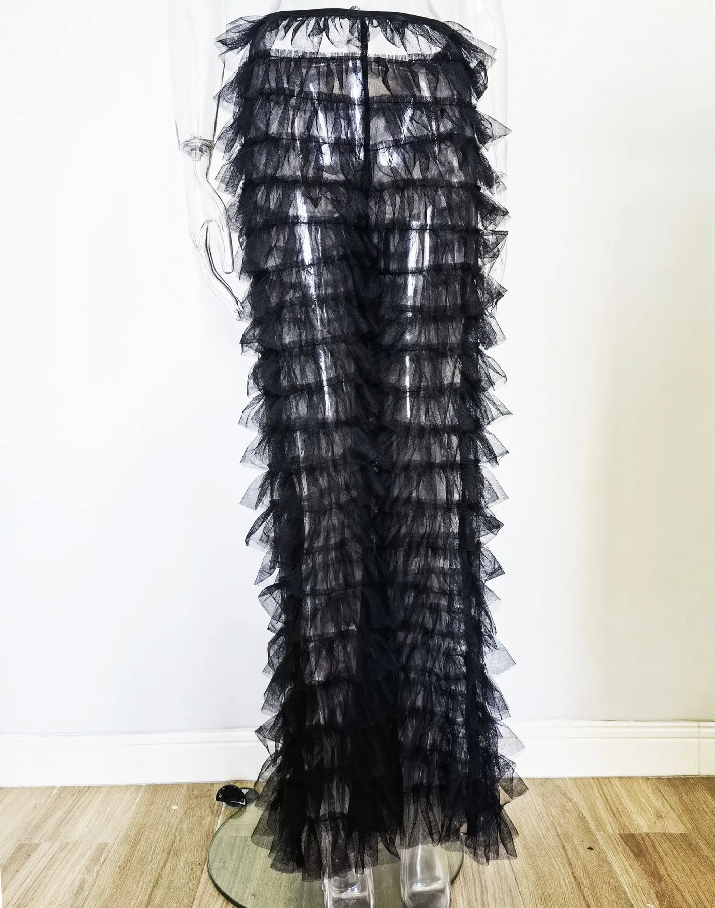 Cryptographic Fashion Tiered Mesh Sheer Flare Pants Rave Festival Outfits for Women Halloween Sexy Pants Streetwear Bottoms