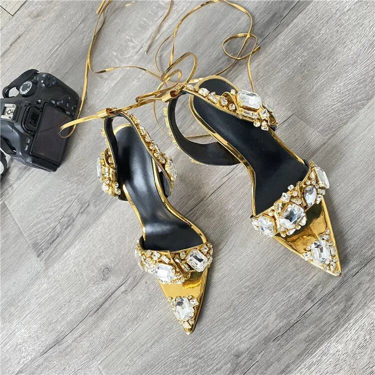 2024 Luxury Rhinestone Pointed Sandals Prom Super High Heel Sandals Slim Heel Dress Show Sandals Oversized 34-43 Women's Shoes