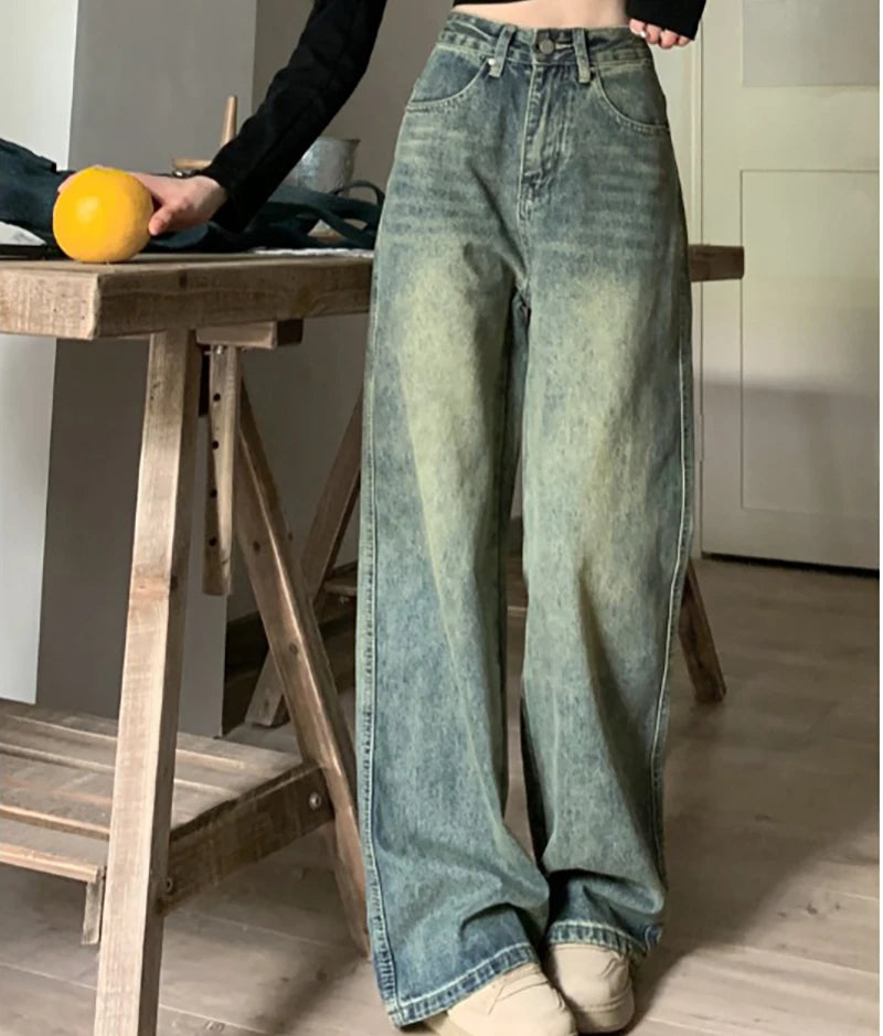 Retro Washed Vintage Jeans For Women In Autumn And Winter High Waisted Straight Leg Loose Wide Leg Pants Casual Pants