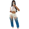 Gradient Color Crochet Two Piece Set for Women Summer Beach Crop Top and Wide Leg Pants Tassel Hollow Out Hole Vacation Outfits