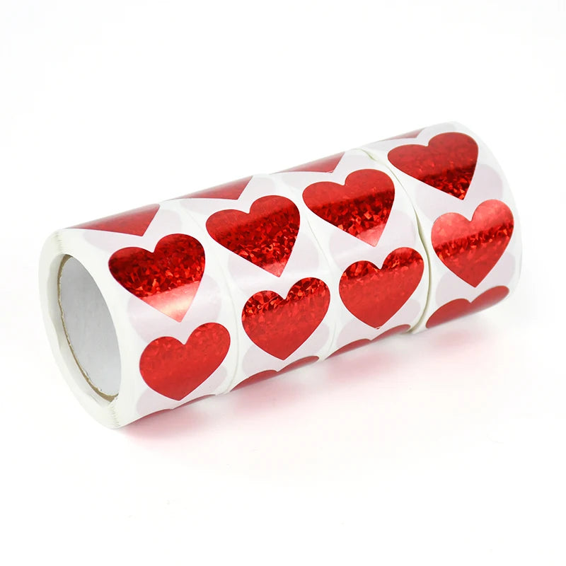 300Pcs/roll Sparkle Heart Stickers Red Love Scrapbooking Adhesive Sticker for Valentines Day Wedding Gift Box Bag Decoration 1''