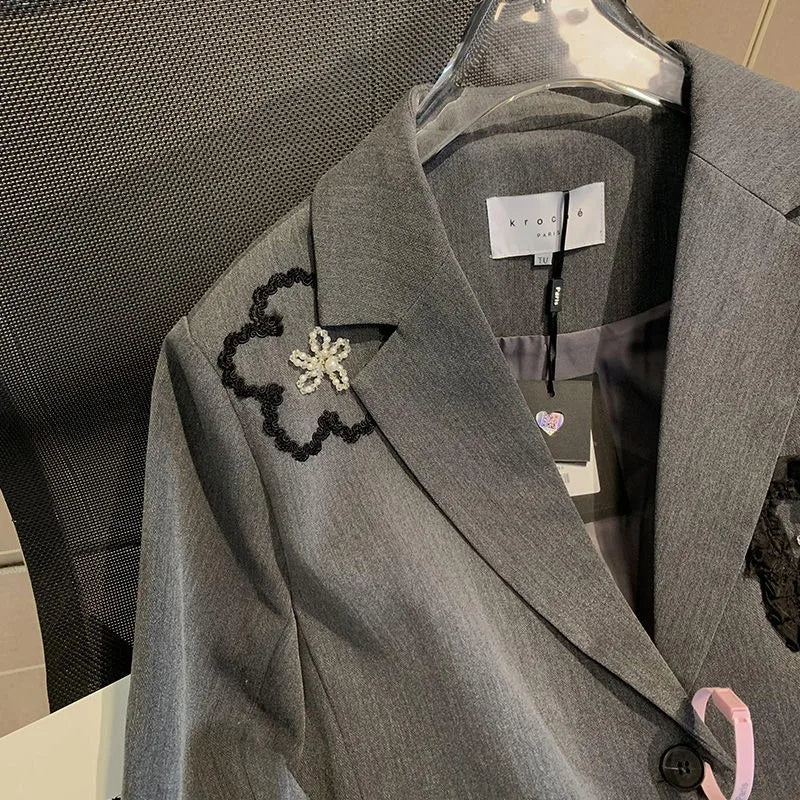 OCEANLOVE Embroidered Floral Blazers Women Spring Autumn Korean Fashion Chaquetas Elegant Grey Loose Retro Blazer Feminino