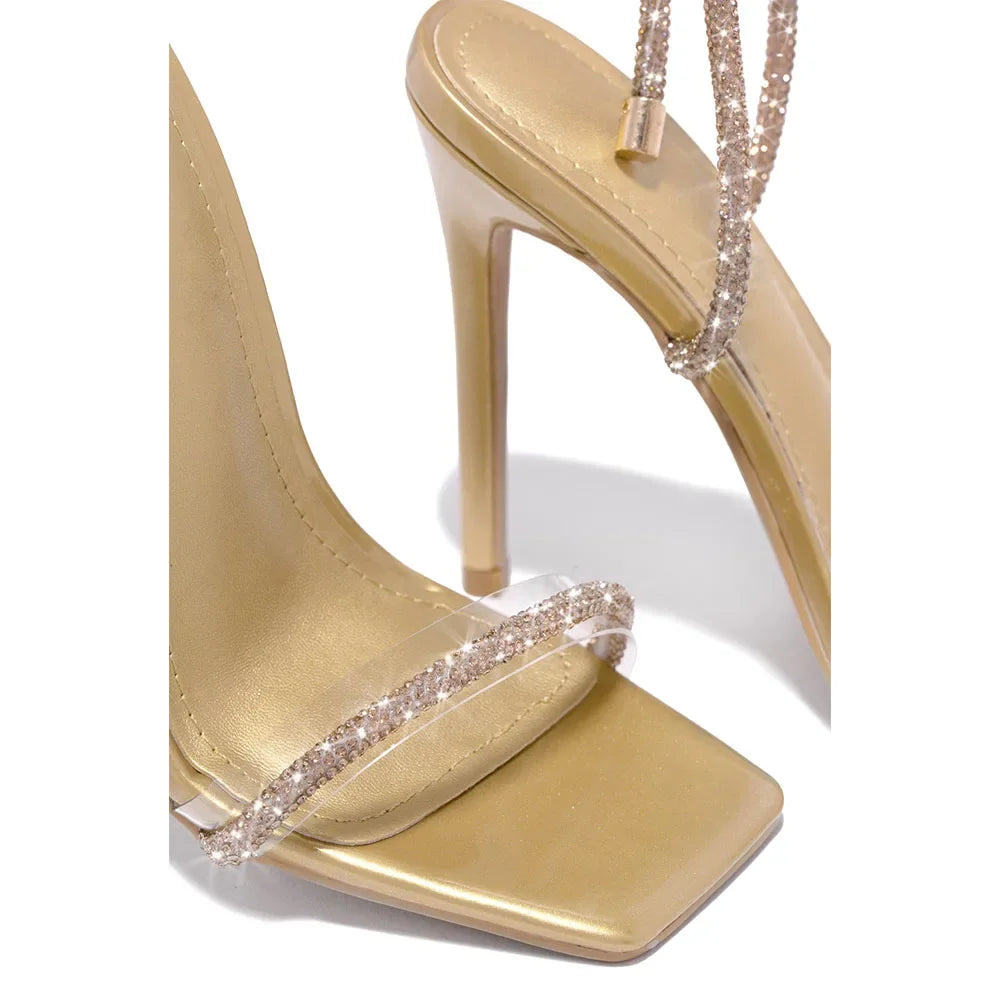 Eilyken CRYSTAL Diamond Thin High Heels Women Sandals Sexy Ankle Cross Strap Lace-Up Square Toe Party Dress Female Shoes