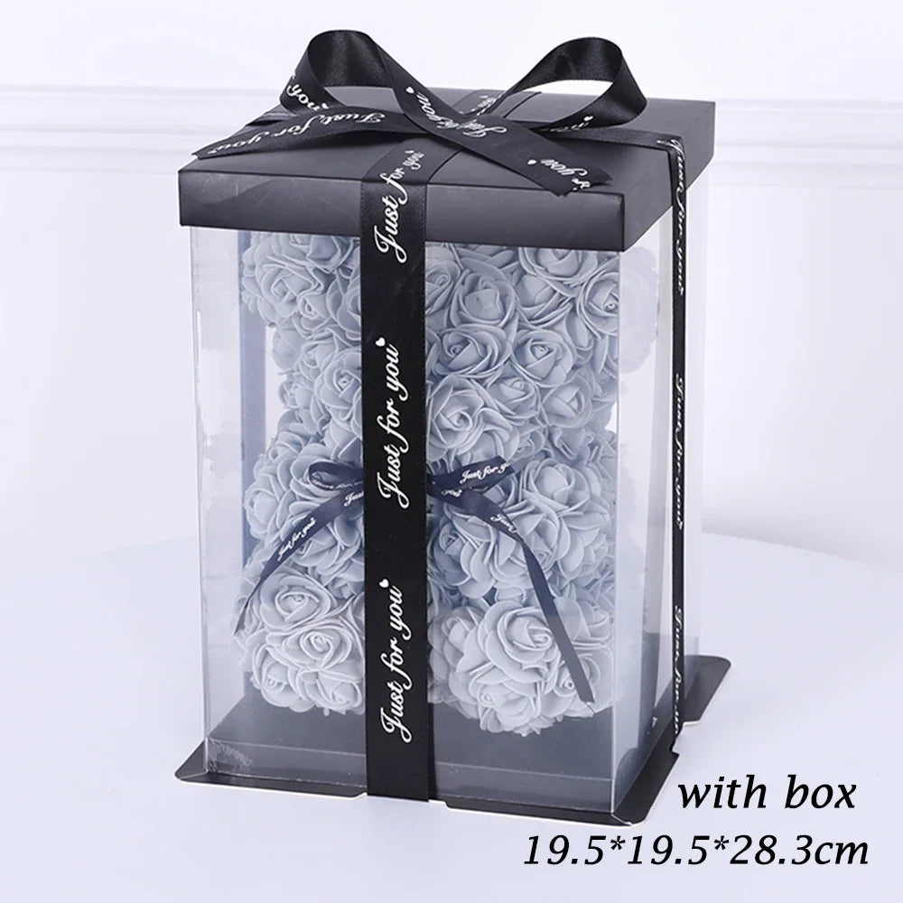 25cm Artificial Teddy Rose Flower Bear with Box Romantic Valentines Day Gift Girlfriend Women Mother Birthday Wedding Party Deco