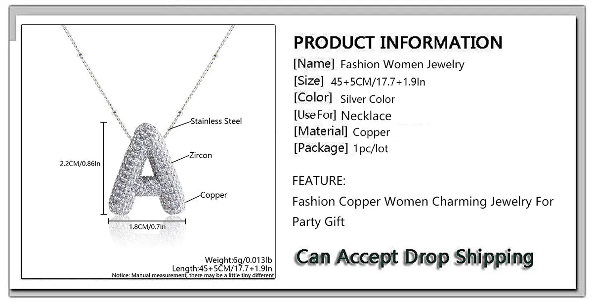 MHS.SUN High Quality Bubble Initial Necklace Letter A-Z Silver Color Zircon 26 Initial Balloon Pendant For Women Men Jewelry