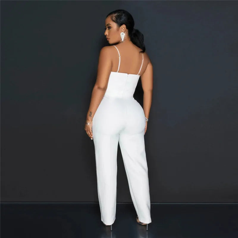Spaghetti Strap Deep V Neck Sexy Women Straight Jumpsuits Rompers 2023 Rhinestone Big Bowknot Party Jumpsuit Birthday Outfits