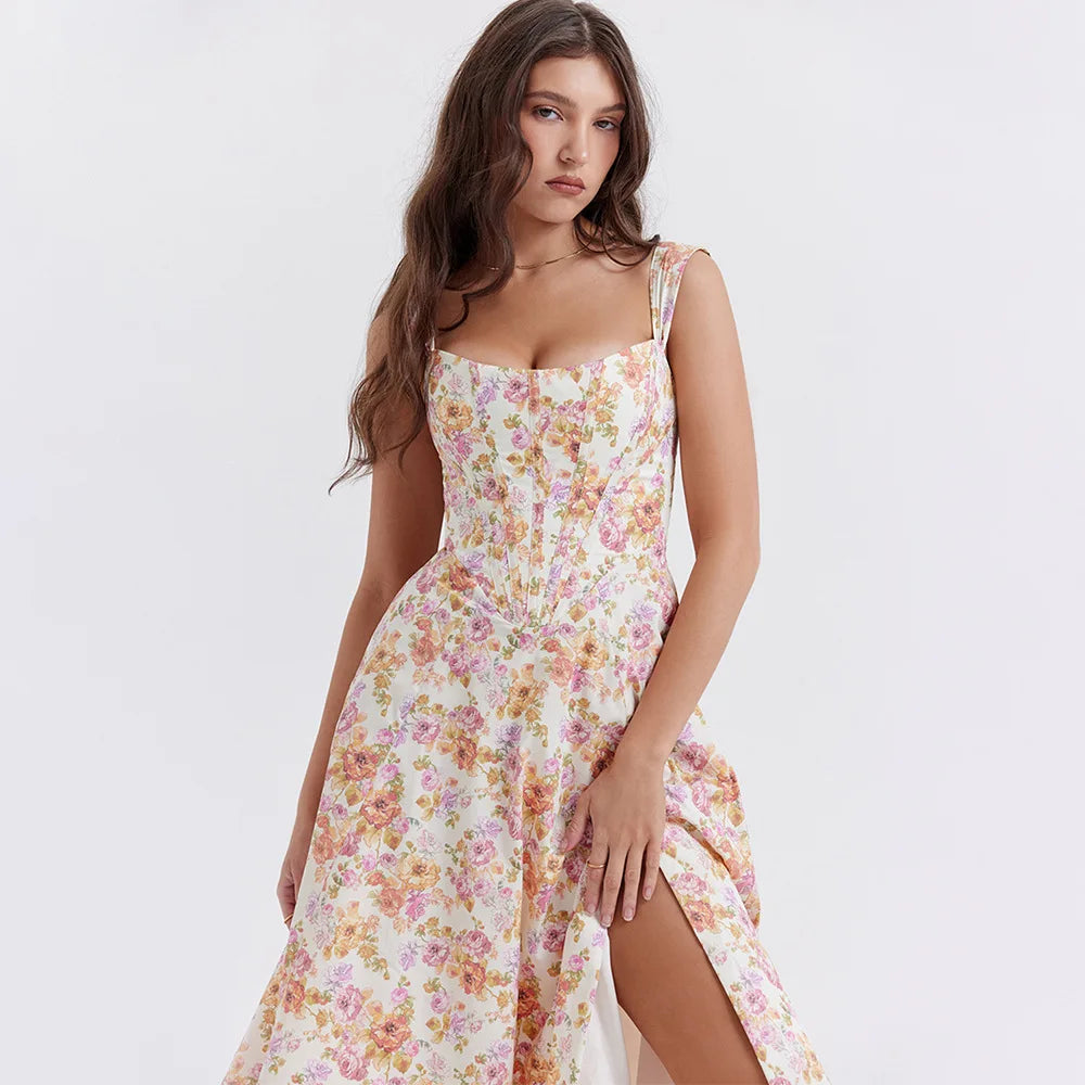 Suninheart Summer Pink Floral Print Corset Dress Midi Elegant Sexy Party Dresses Holiday Birthday Casual A Line Women Clothing