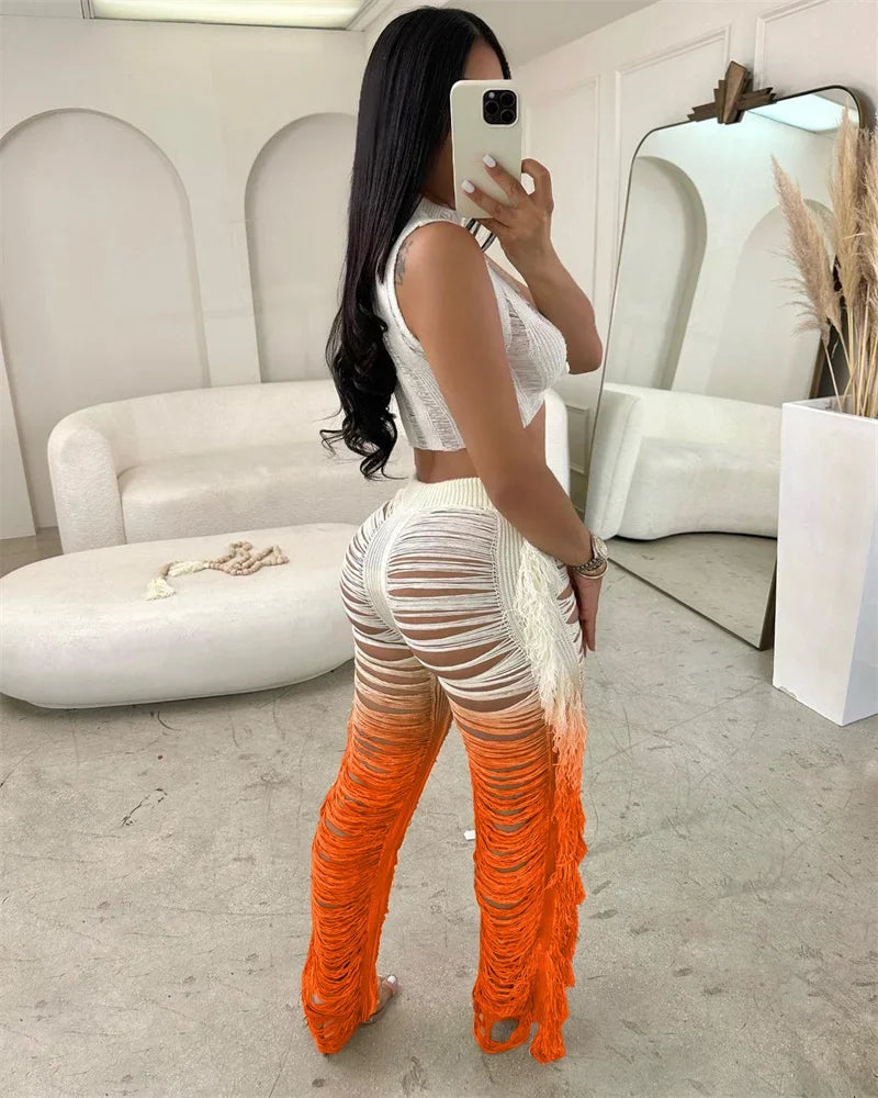 Gradient Color Crochet Two Piece Set for Women Summer Beach Crop Top and Wide Leg Pants Tassel Hollow Out Hole Vacation Outfits