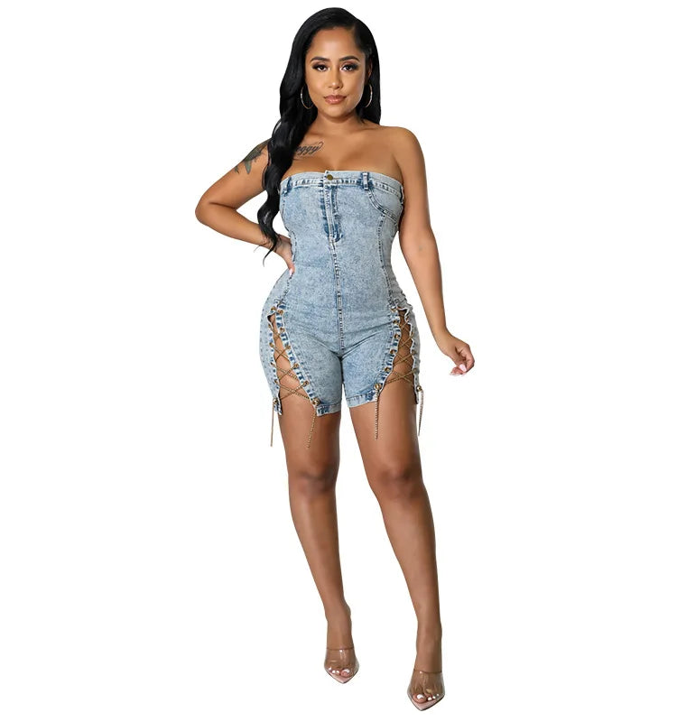 Rompers Women One Piece Elegant Splice Denim Jumpsuits Sexy Slim Fit Strapless Sleeveless Short Pants Sheath Playsuits