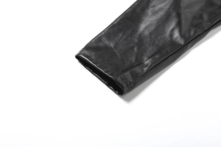 Sisterlinda Faux Leather Single Button Crop Jacket Women Autumn Trend Cross Neck Full Sleeve Wild Style Classic Streetwear Coat