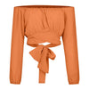 Women Sexy Off Shoulder Printing Blouses Chic and Elegant Lantern Long Sleeve Lace Up Bow Cropped Tops Casual Slim Shirts 2023