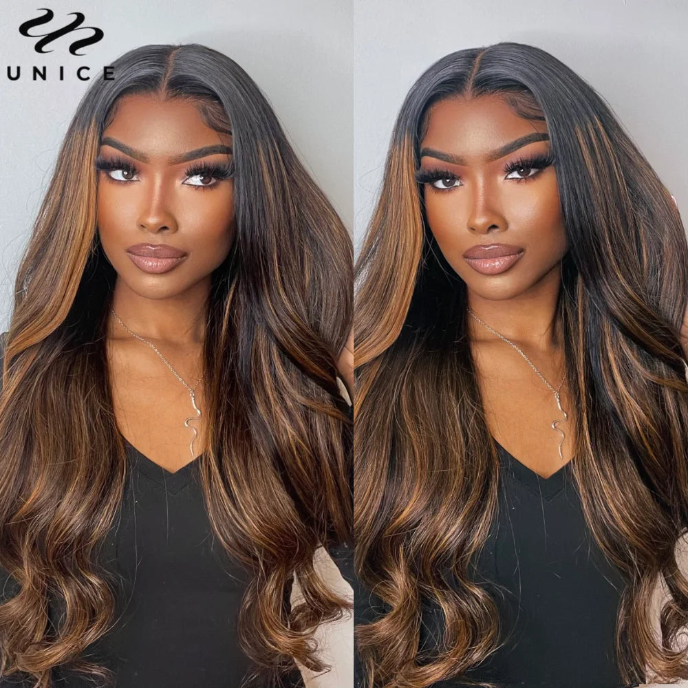 UNice Hair Bye Bye Knots 7x5 Lace Glueless Wig Brown Balayage Body Wave Human Hair Lace Front Wig Pre Cut Pre Bleached Lace Wig
