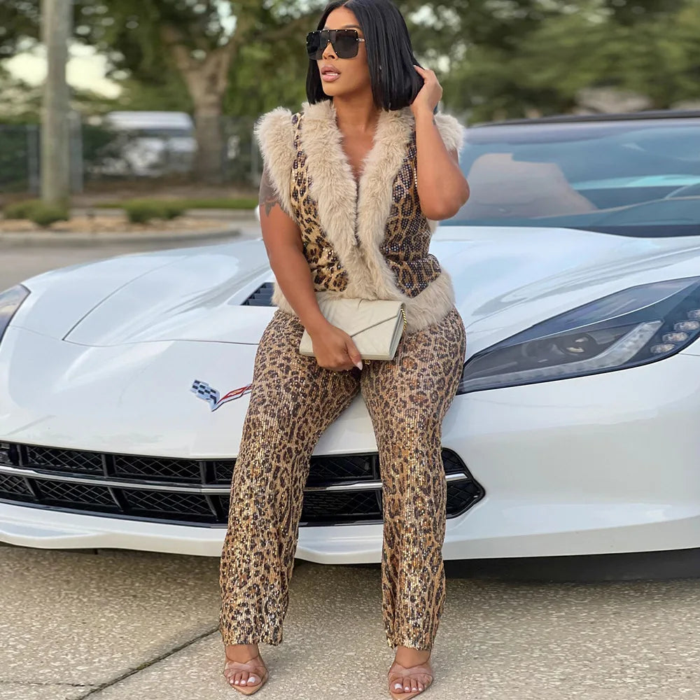 CM.YAYA Women's Set Sleeveless Fur Leopard Sequined V-neck Wool Vest and Pant Suits 2024 Street Two 2 Piece Set Outfit Tracksuit